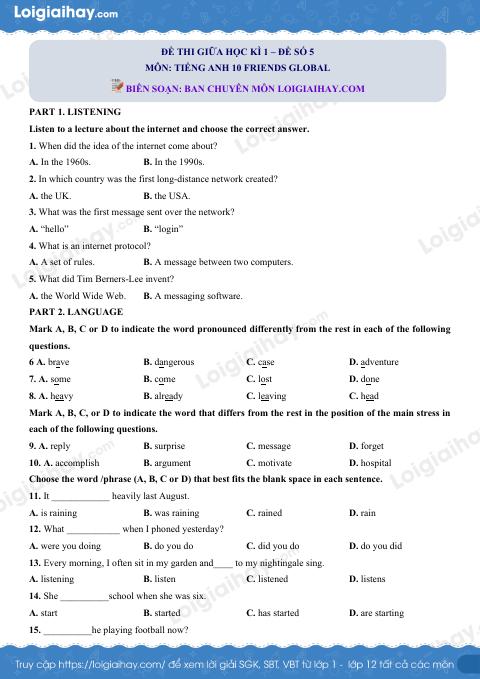 Đề thi giữa kì 1 Tiếng Anh 10 Friends Global - Đề số 5